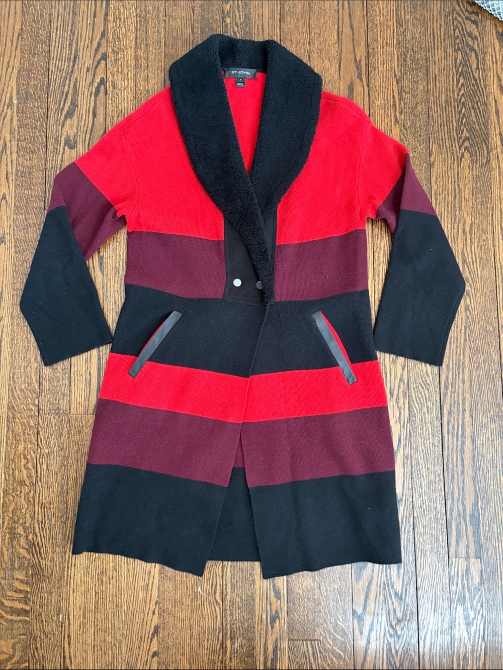 ST JOHN P - Striped Shawl Collar Long Coat - Red, Burgundy, Black